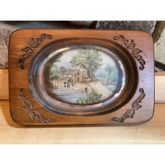 Vintage Framed Mirror Reflective Art Picture. House River Scenery. - Picture 1 of 5